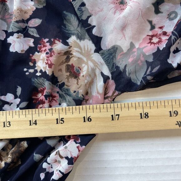 Womens Babydoll Top XL Floral V Neck Button Up Stretch Roll Tab Tunic Semi Sheer - Picture 8 of 12